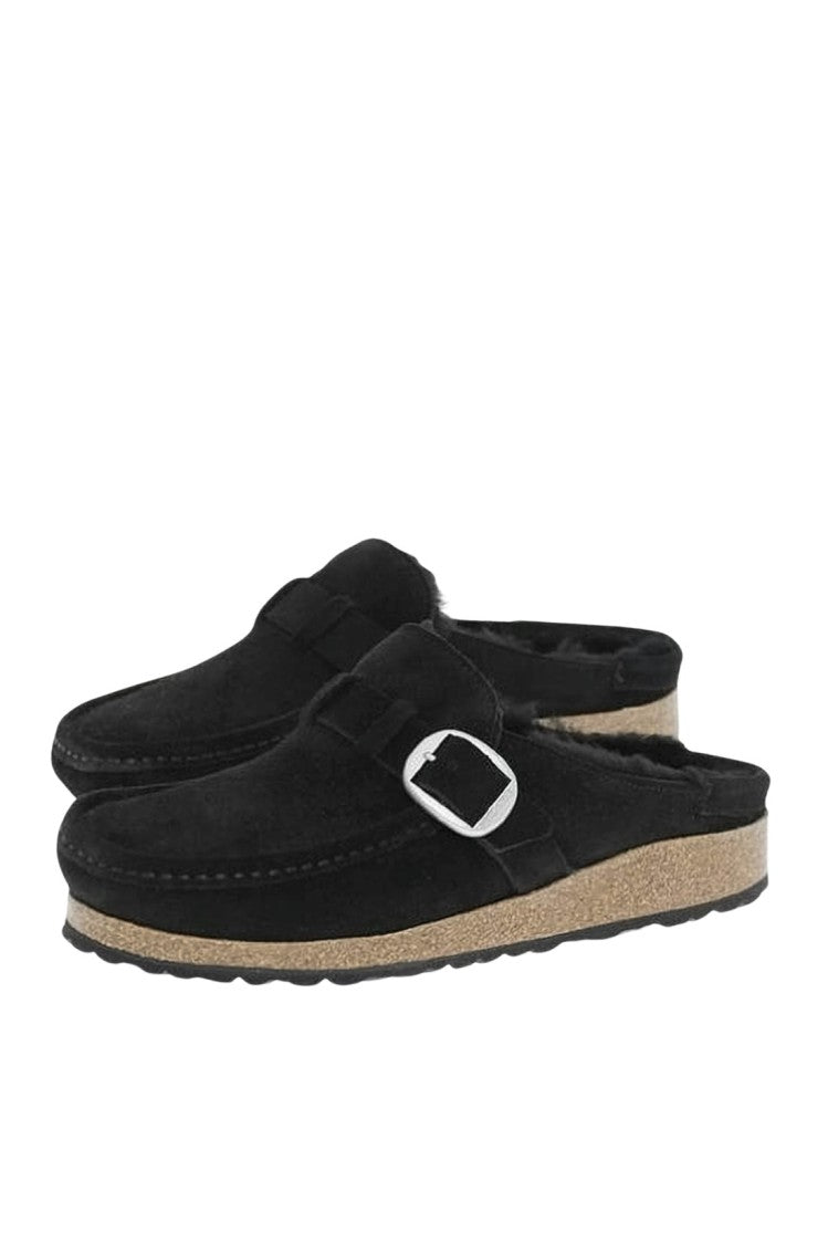Birkenstock Black Suede Mule With Silver Buckle