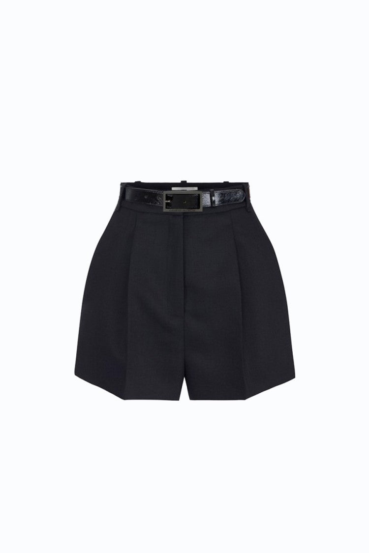 Elisabetta Franchi Black Wool Buckle-Belt Pleated Shorts