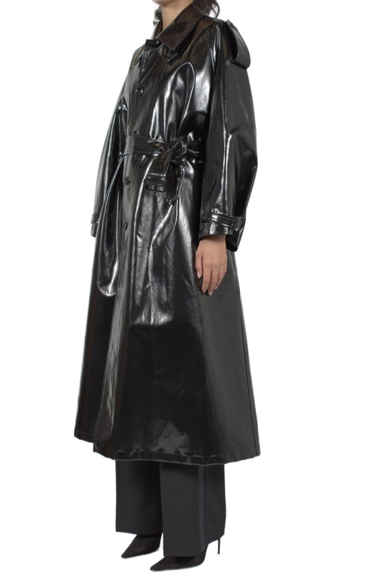 Saint Laurent Black Glossy Long Belted Polyurethane Coat
