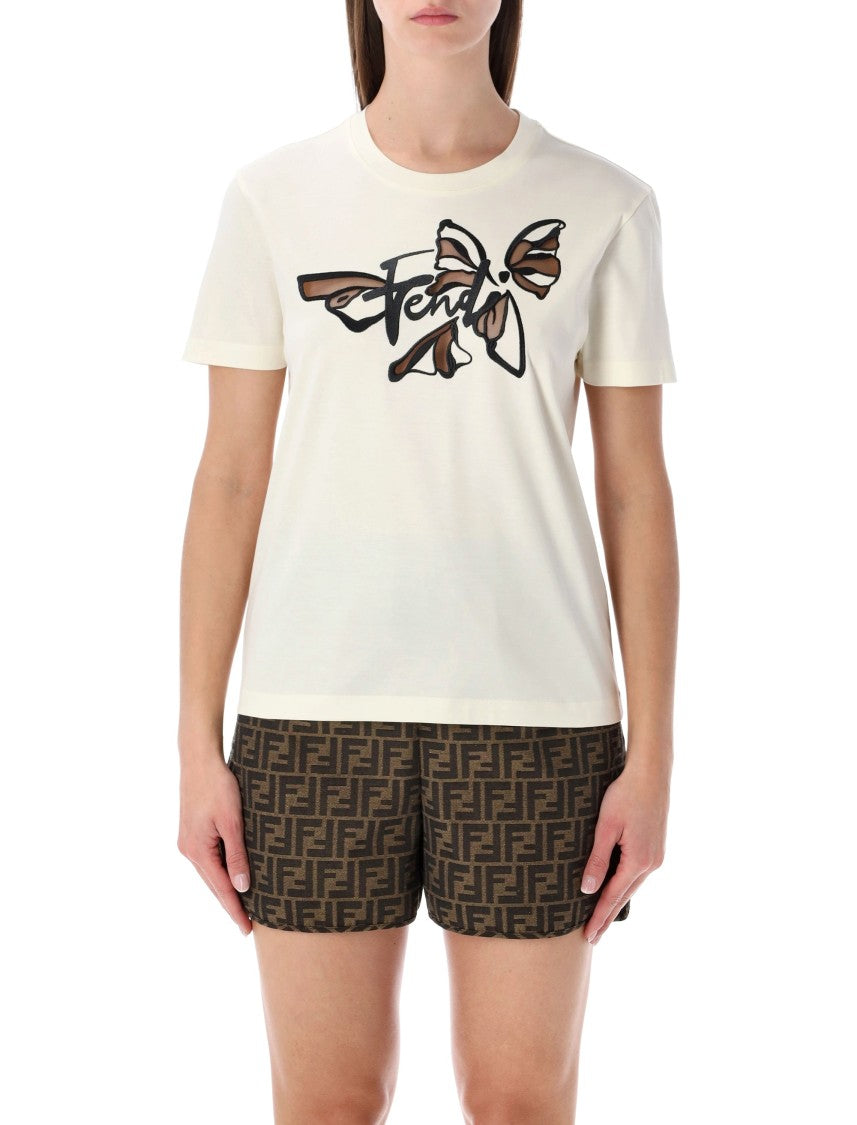Fendi Butterfly-Graphic Cotton T-Shirt With Contrast Embroidery