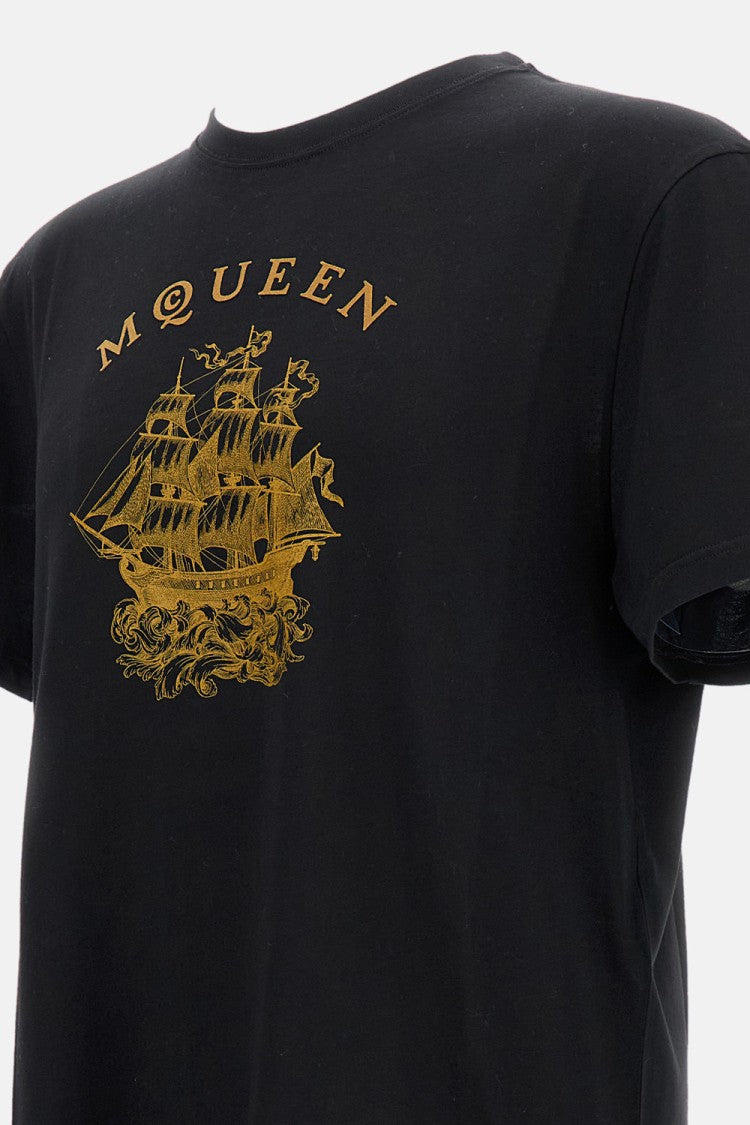 Alexander Mcqueen Crewneck T-Shirt With Gold Ship Graphic