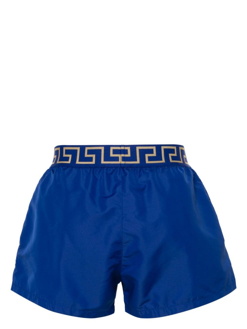 Versace Vibrant Blue Silk And Nylon Shorts With Greek Key Waistband