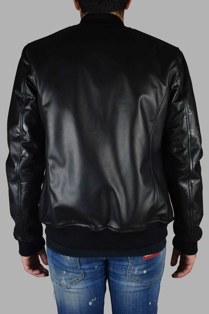 Philipp Plein Black Leather Bomber Jacket