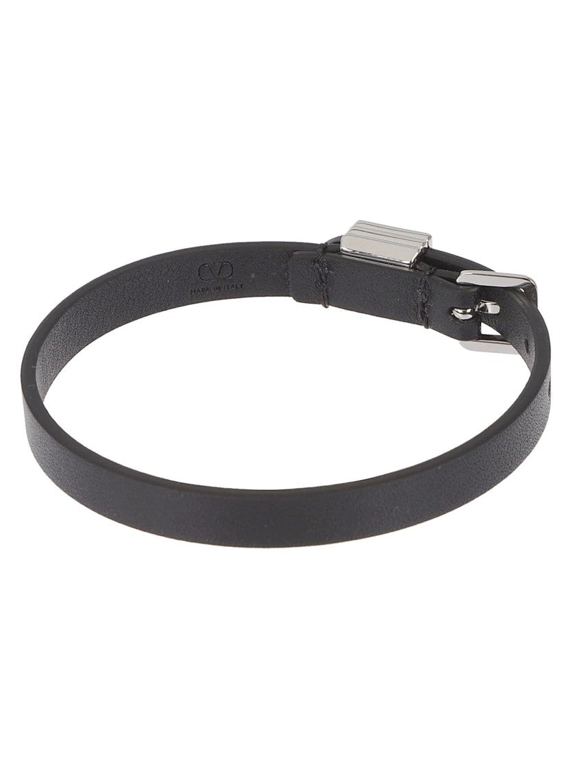 Valentino Garavani Black Leather Bracelet With Platinum Finishes