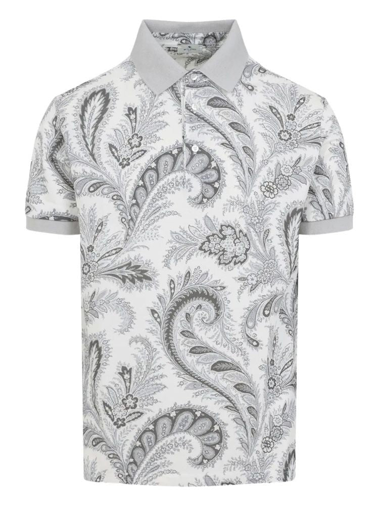 Etro White Paisley Pattern Cotton Short-Sleeve Polo Shirt