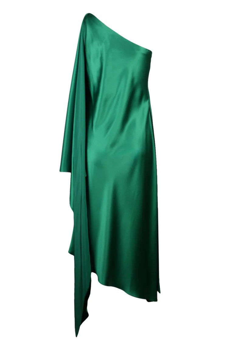 Max Mara Green Silk One-Shoulder Maxi Dress