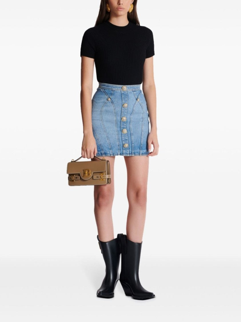 Balmain Thigh-Length Light Blue Stretch-Cotton Denim Skirt