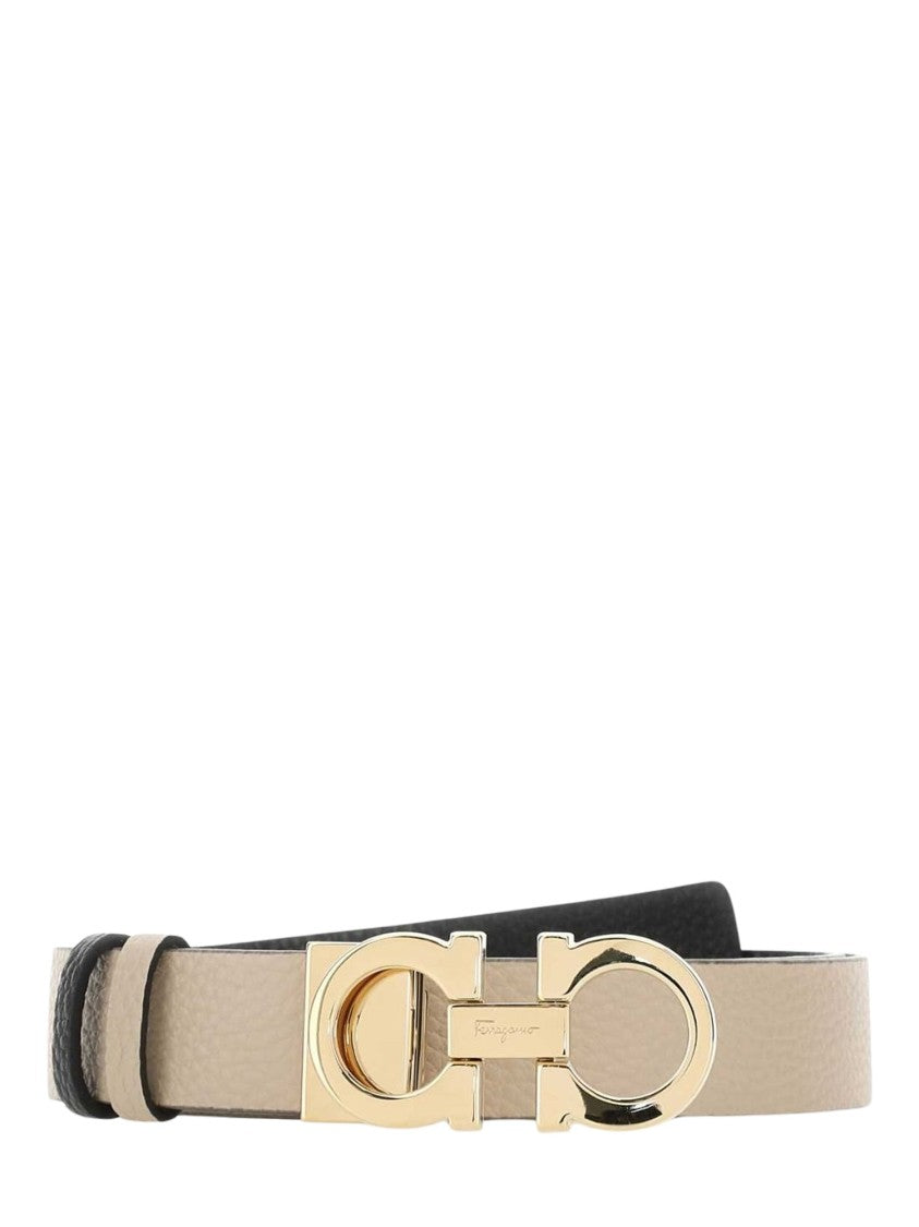 Ferragamo Textured Beige Leather Belt With Gold-Tone Gancini Buckle