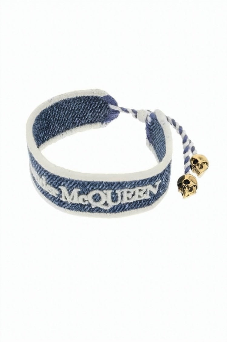 Alexander Mcqueen Denim-Texture Fabric Bracelet With Gold-Tone Skull Charms