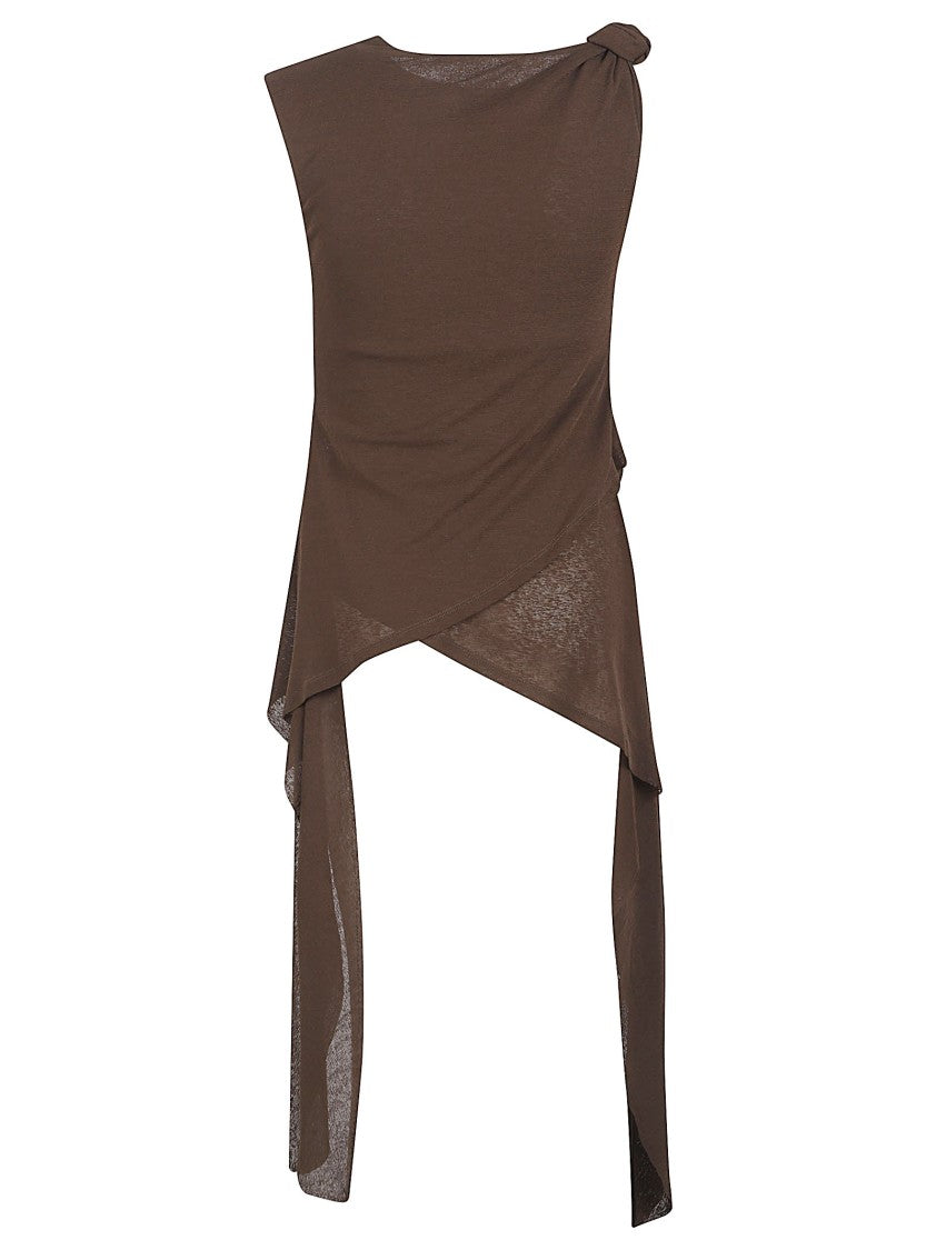 Ganni Asymmetrical Draped Brown Top With Knot Detail