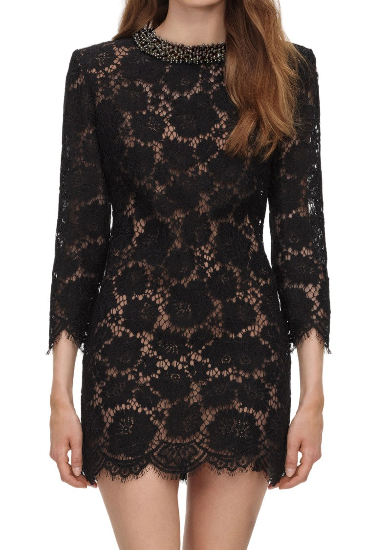 Self-Portrait Intricate Black Lace Overlay Mini Dress With Beaded Neckline