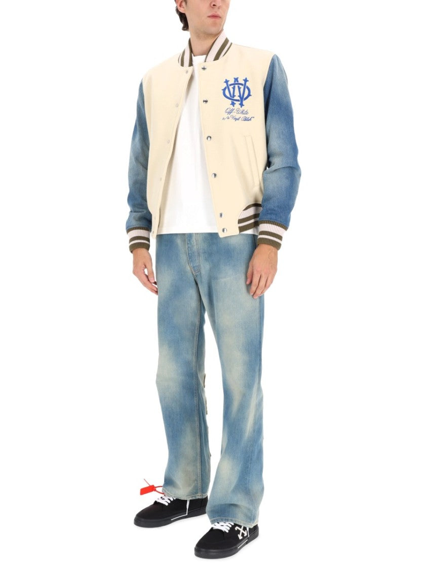 Off-White Gothic Wool Denim Jacket With Snap-Button Closure And Striped Details