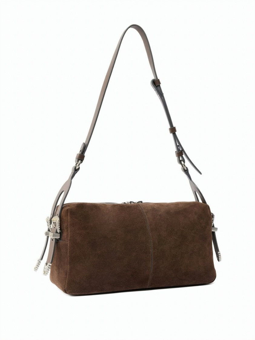 Pinko Brown Suede Love Birds Shoulder Bag