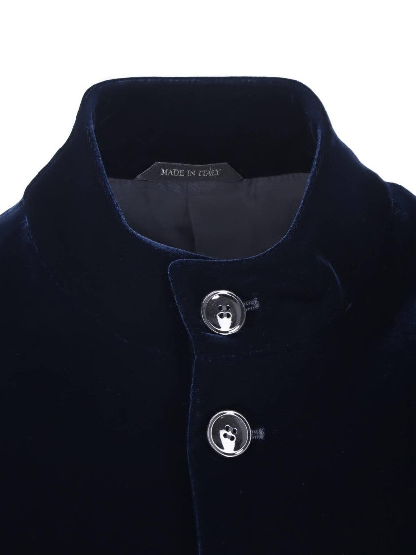 Giorgio Armani Blue Stand Collar Button-Up Viscose Velvet Jacket