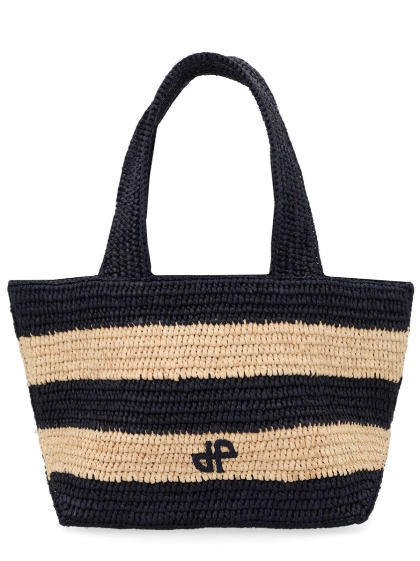 Patou Black Striped Woven Raffia Tote Bag