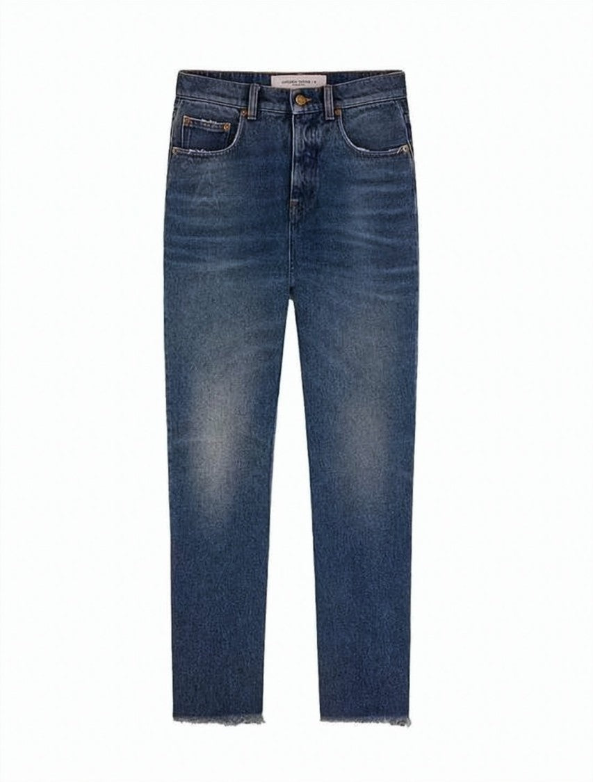 Golden Goose Medium Blue Wash Denim Pants With Raw Hem Finish
