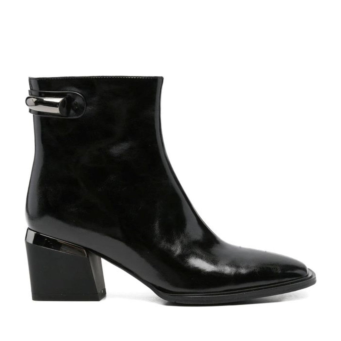 Linda Baumann Black Glossy Pointed Toe Block Heel Leather Boots