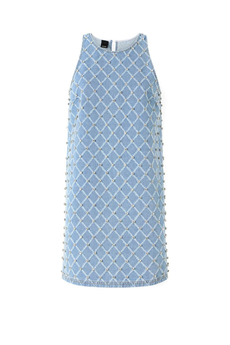 Pinko Light Blue Allover Bead Stud Diamond Lattice Cotton Mini Dress