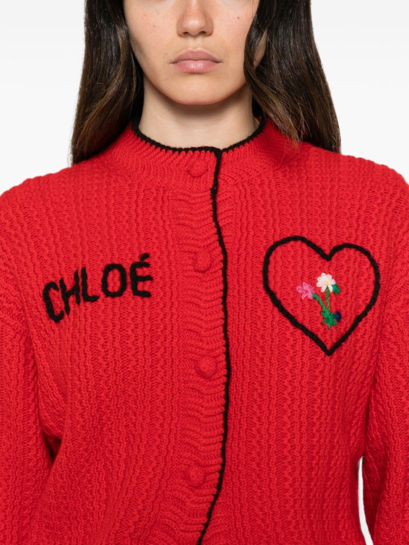 Chloé Cropped Textured Knit Embroidered Cardigan