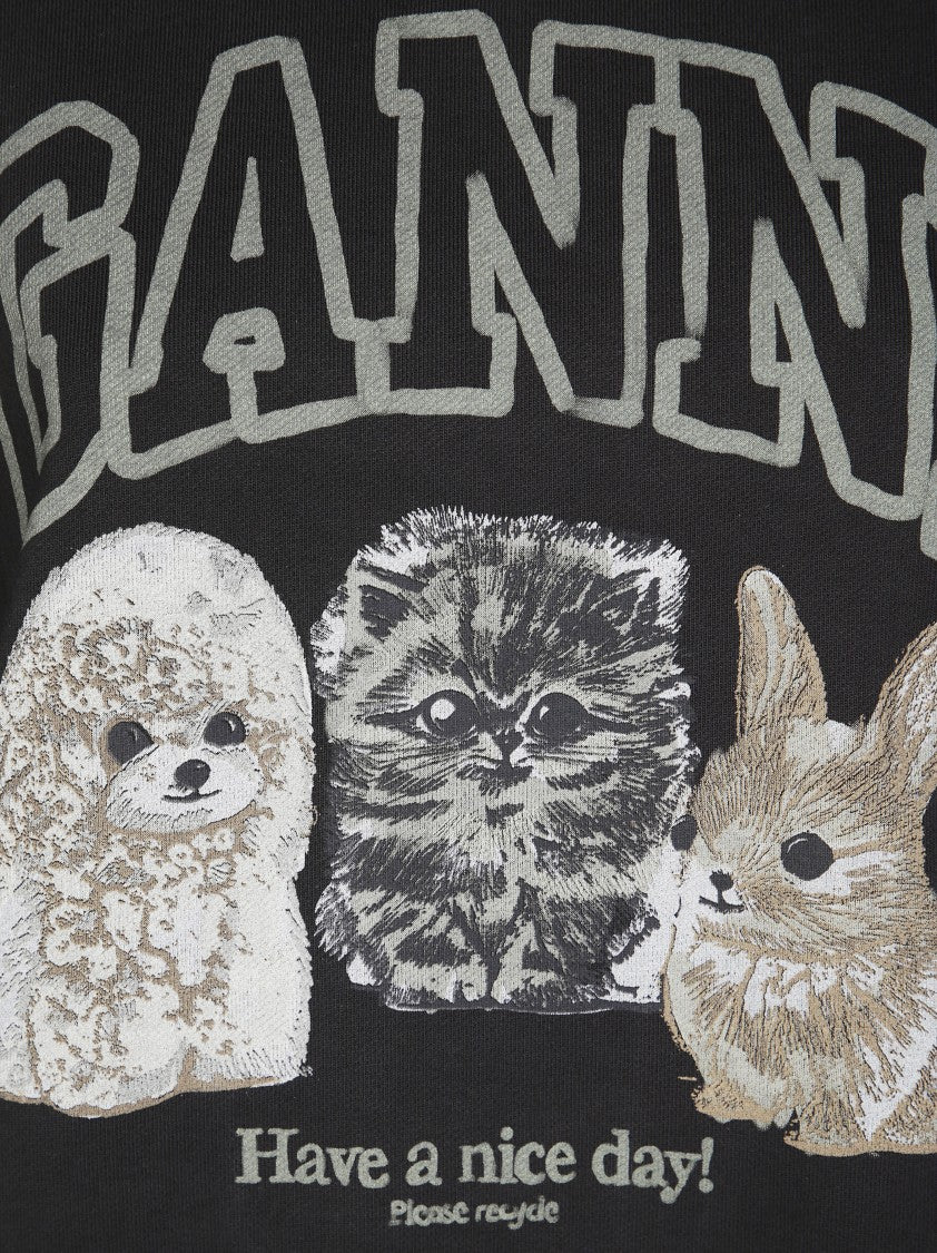 Ganni Oversized Crop Hoodie With Playful Animal Graphics