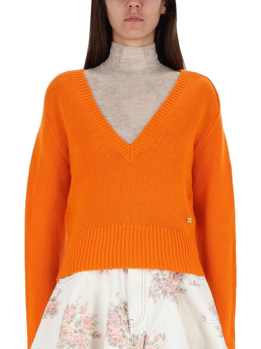 Ganni Orange Cashmere Sweater With Deep V-Neckline