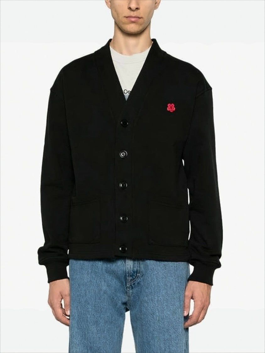 Kenzo Black Knitwear Cardigan With Floral Graphic And Logo