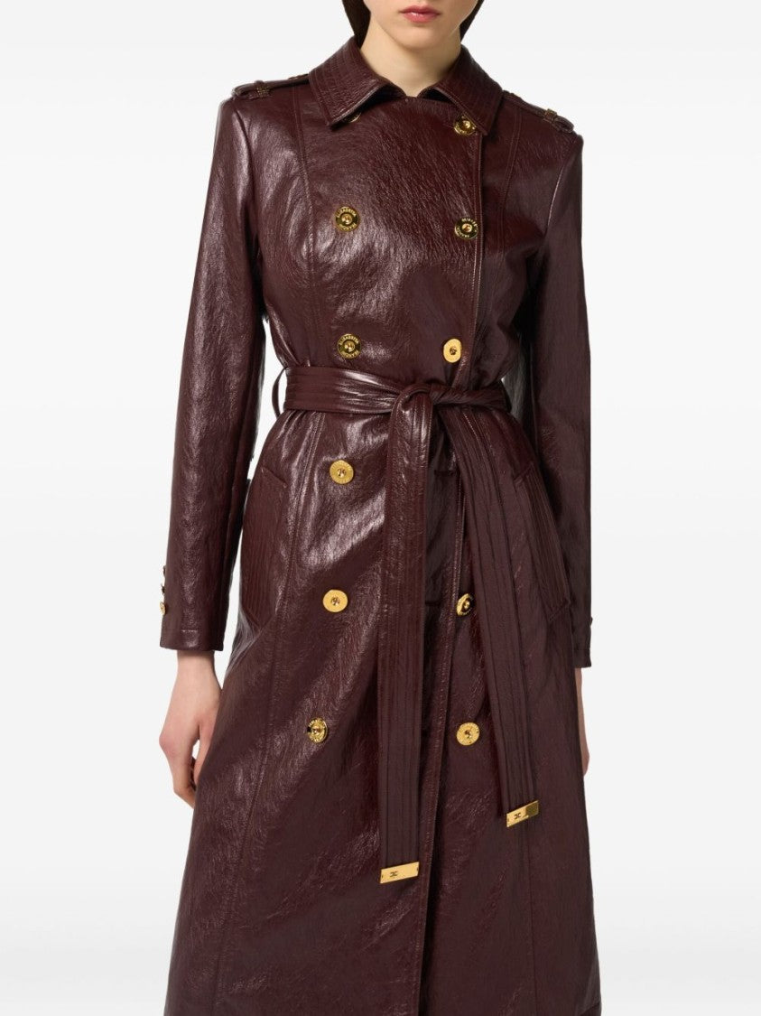 Elisabetta Franchi Bordeaux Double-Breasted Trench Coat With Glossy Finish