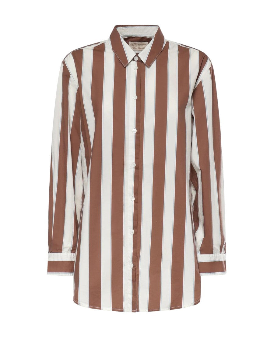 Mc2 Saint Barth Brown Vertical Striped Poplin Shirt With Logo Buttons