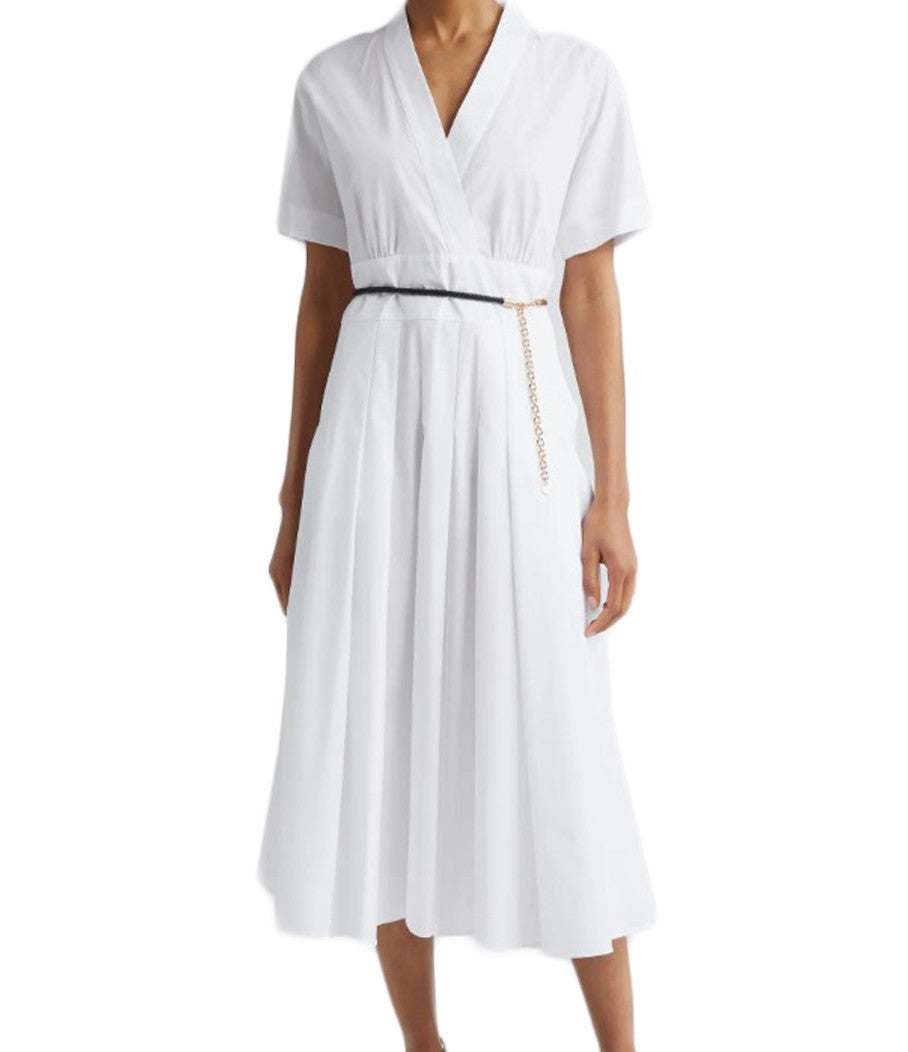 Max Mara V-Neck White Midi Dress With Fitted Waist