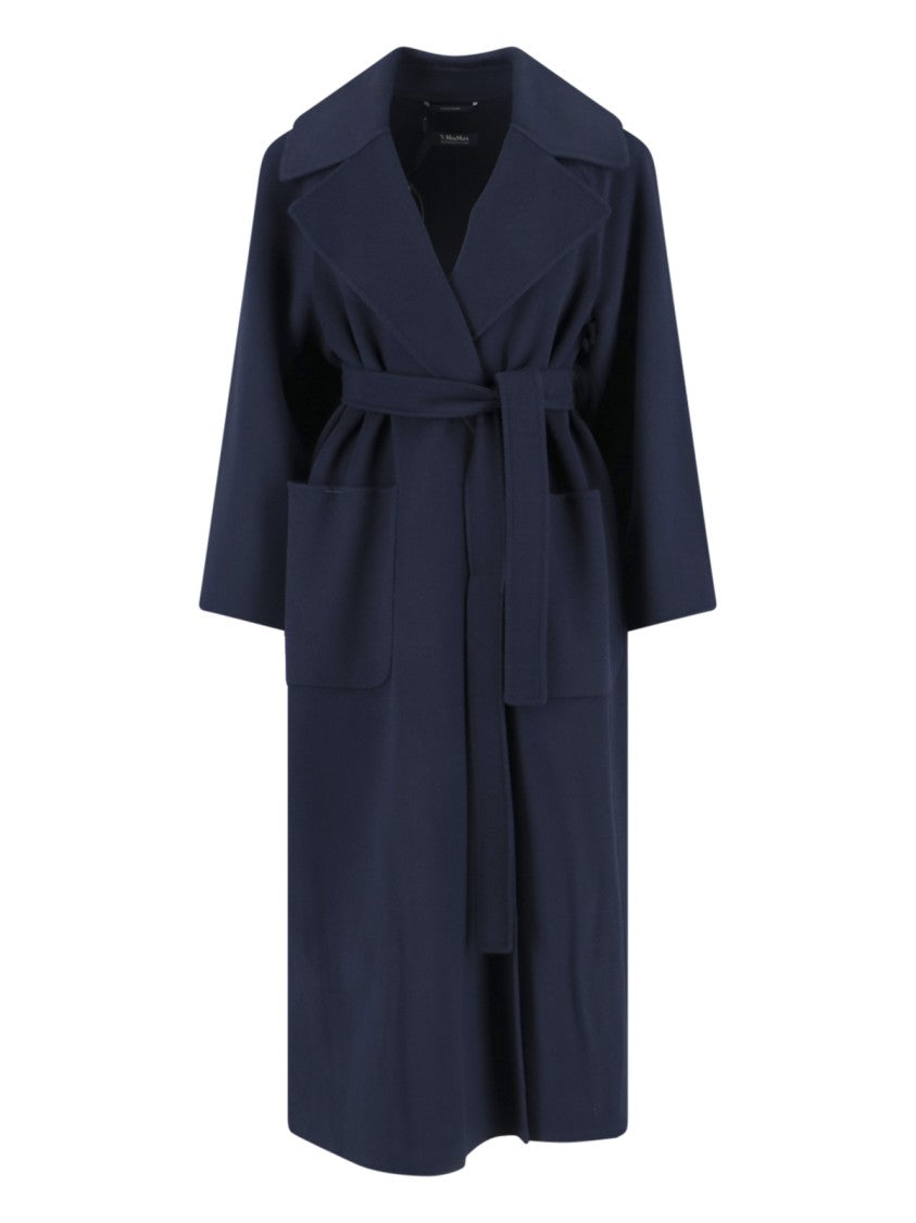 Max Mara Navy Virgin Wool Wrap Coat With Adjustable Belt