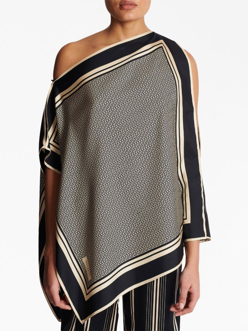 Balmain Asymmetric Monogram Silk Top