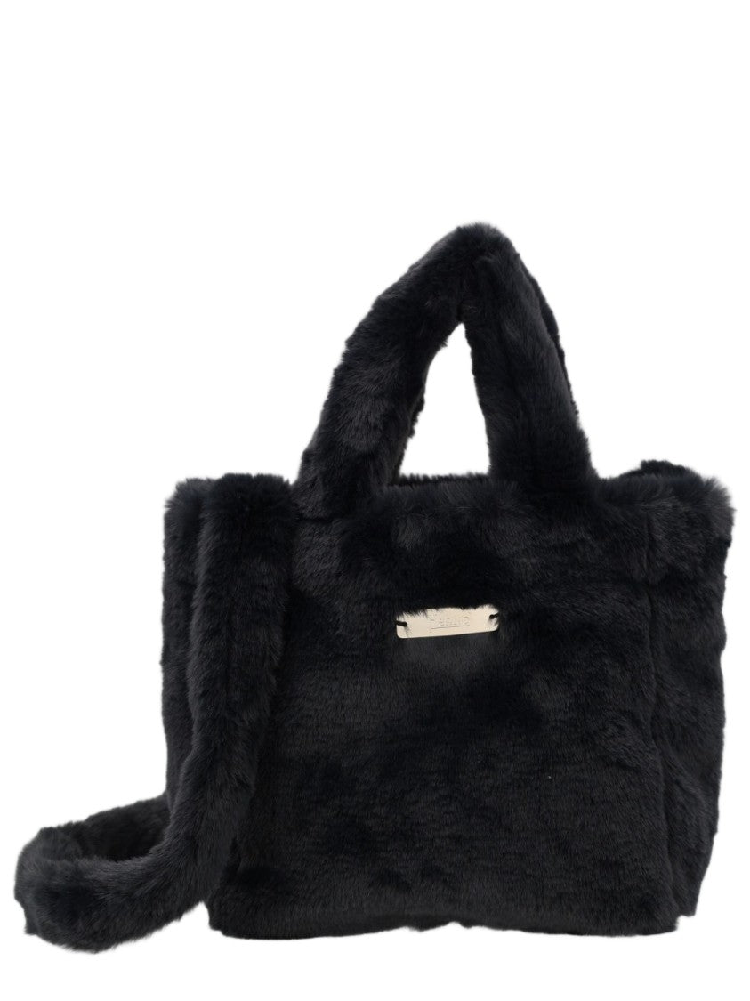 Herno Black Plush Detachable-Strap Polyester Shoulder Bag