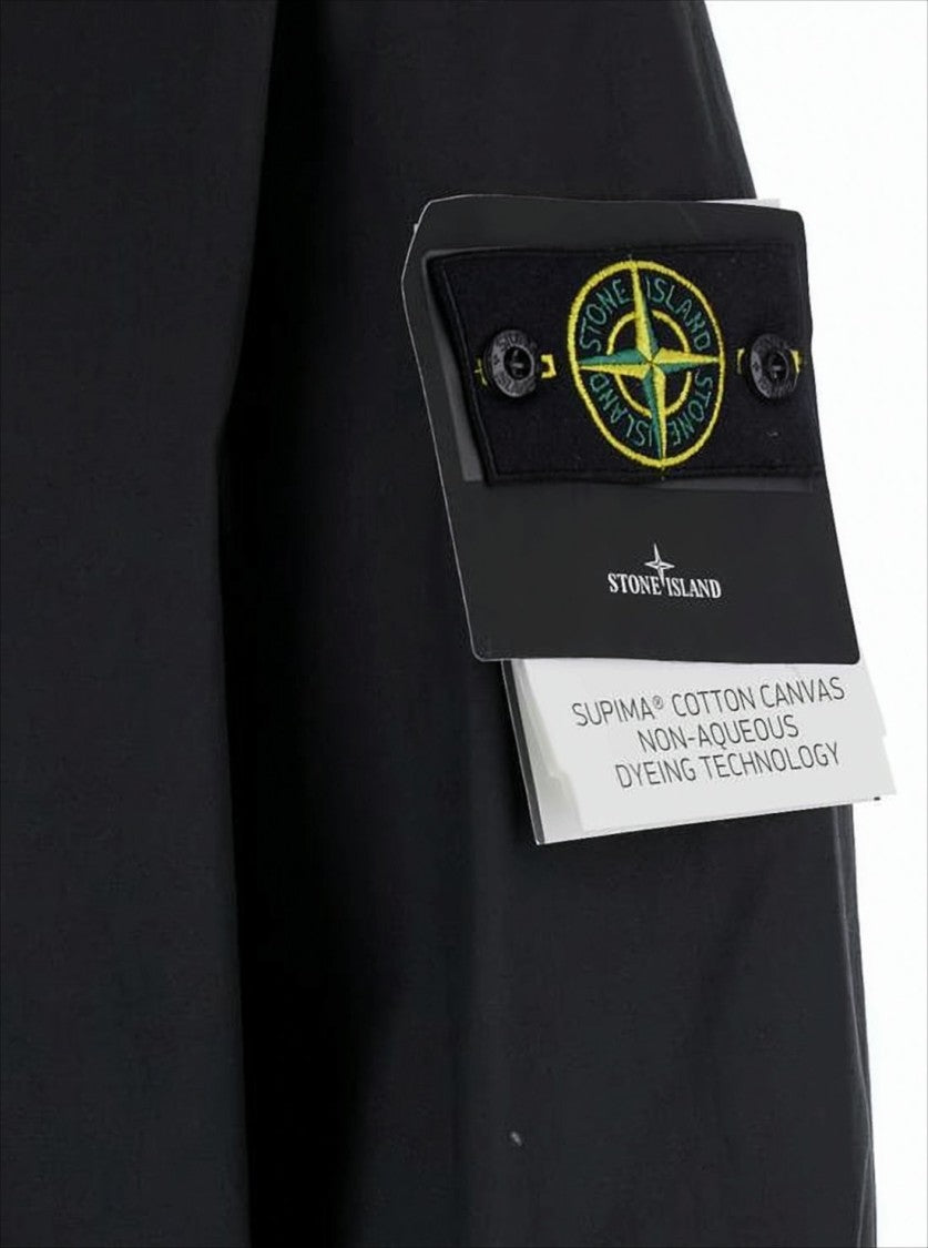 Stone Island Hooded Black Canvas Jacket With Zippered Details