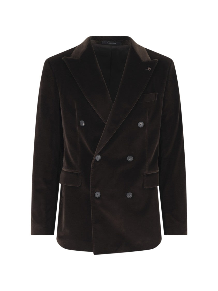 Tagliatore Dark Brown Double-Breasted Peak Lapel Velvet Blazer