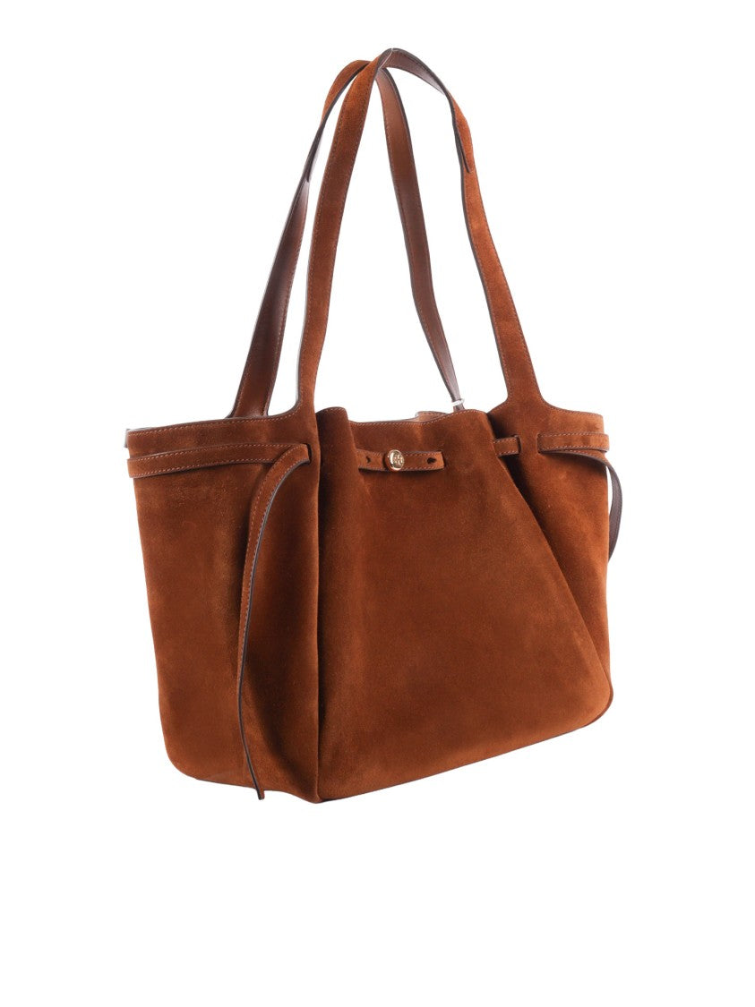 Tory Burch Structured Brown Suede Tote With Smooth Leather Accents