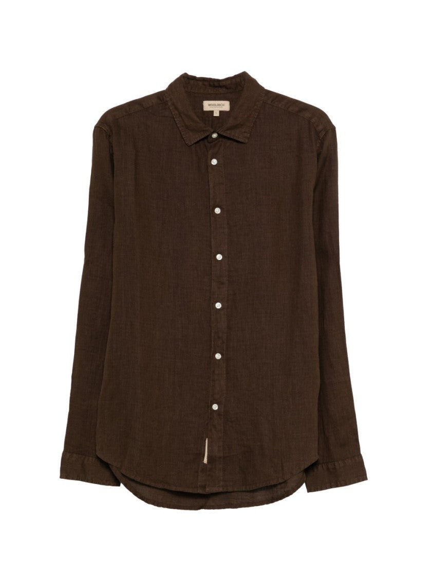Woolrich Relaxed Fit Brown Linen Shirt With Classic Collar