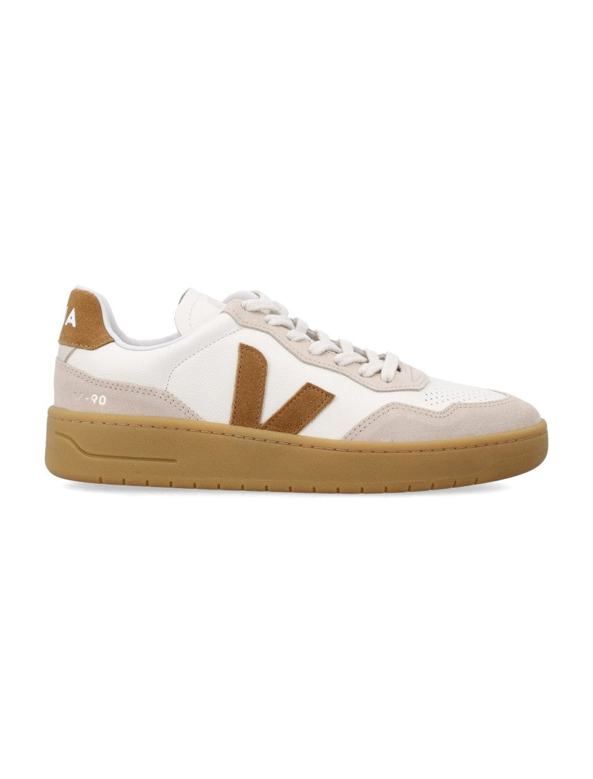 Veja V-90 White And Camel Leather Sneakers