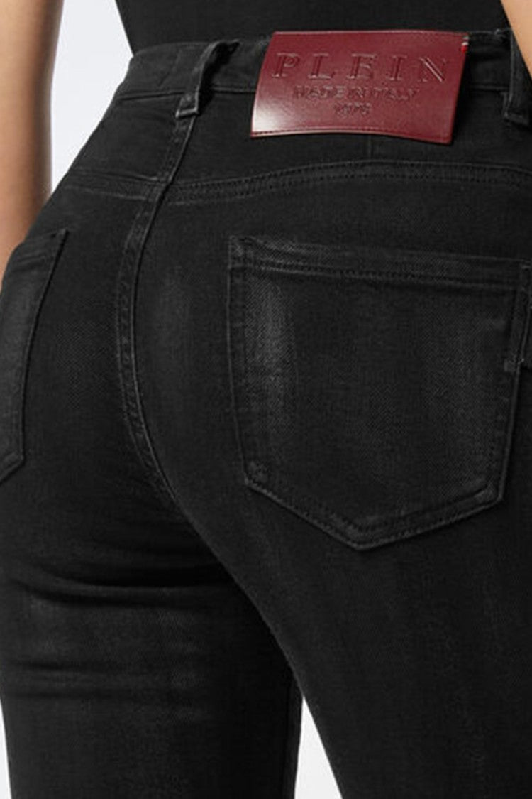 Philipp Plein Black Coated Waxed Hexagon Patch Cotton-Blend Skinny Jeans