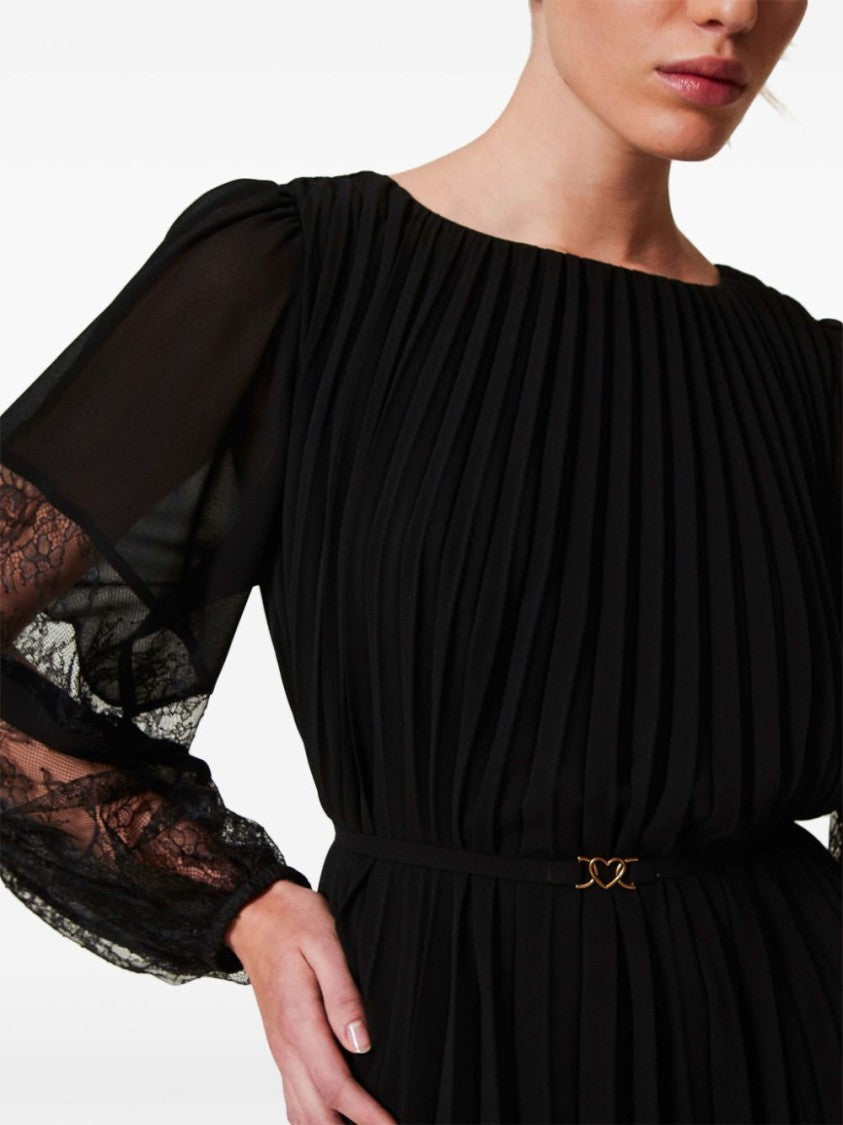 Twin-Set Pleated Dress With Sheer Lace Sleeves