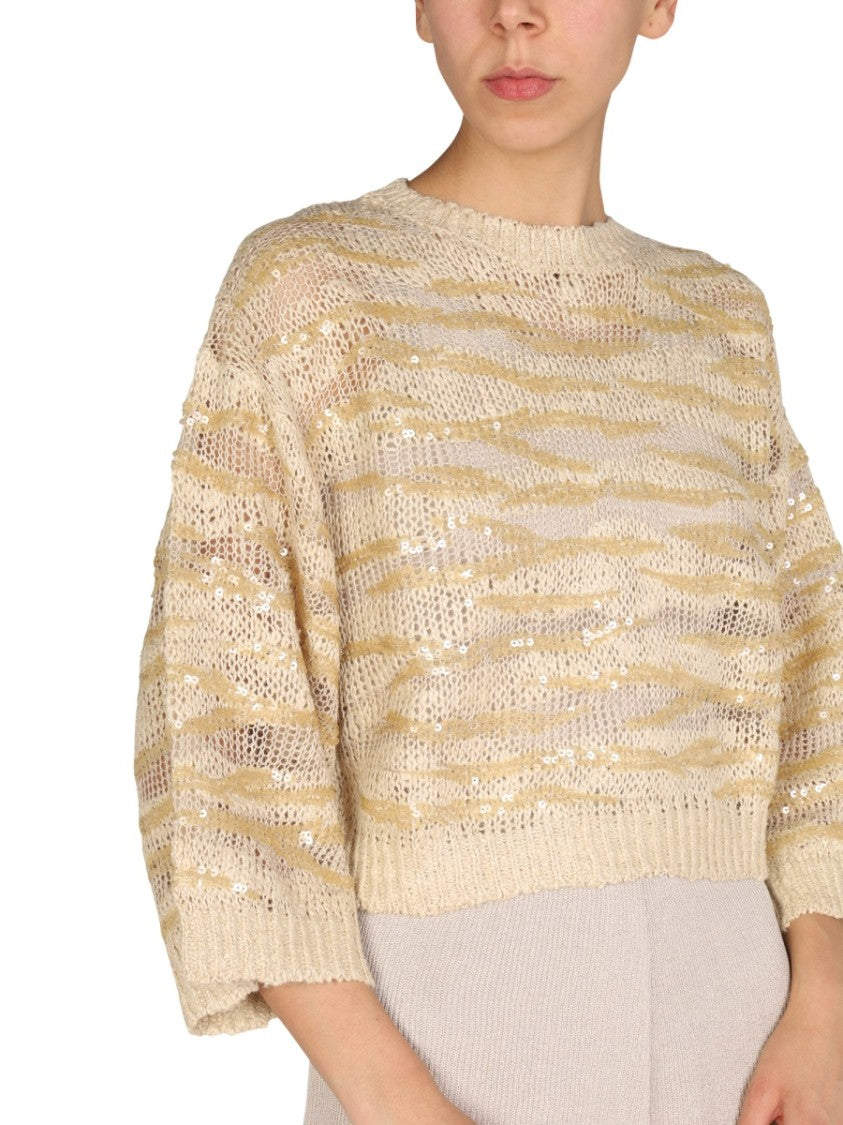 Brunello Cucinelli Perforated Knit Top With Wide Sleeves