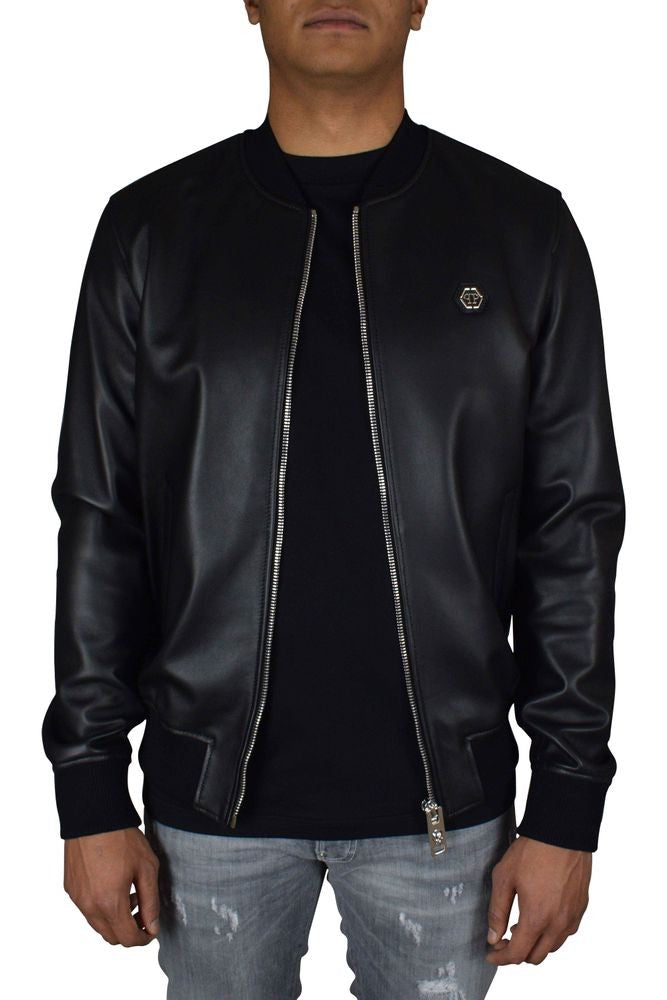 Philipp Plein Smooth Black Leather Bomber Jacket