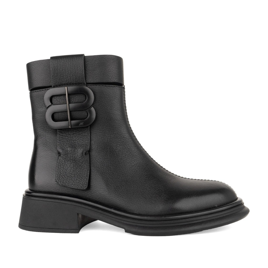 Linda Baumann Black Smooth Leather Bold Buckle Ankle Boots