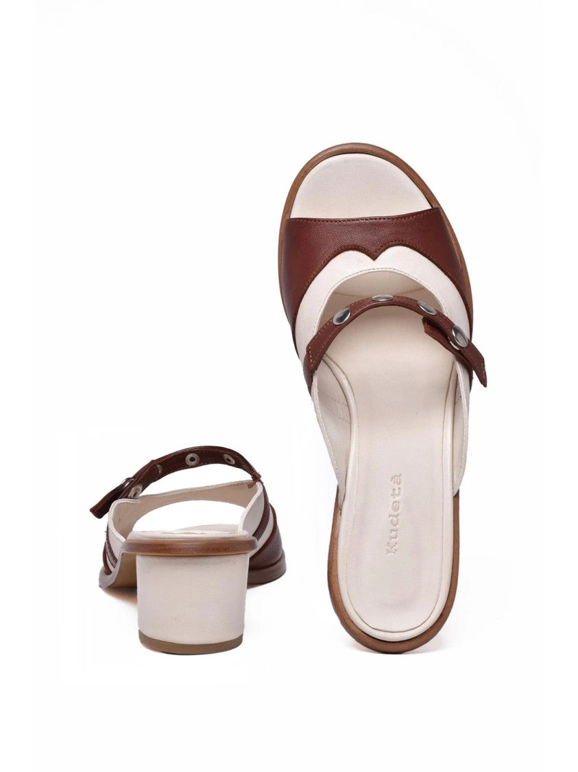 Kudeta White Brown Open-Toe Strap Leather Mules