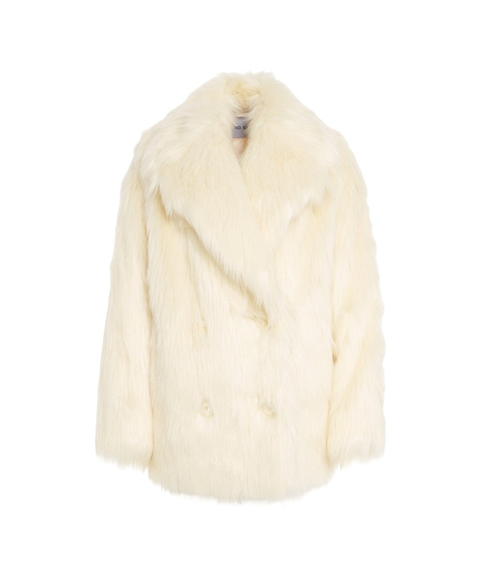 Stand Studio Double-Breasted Plush Faux Fur Jacket With Wide Collar