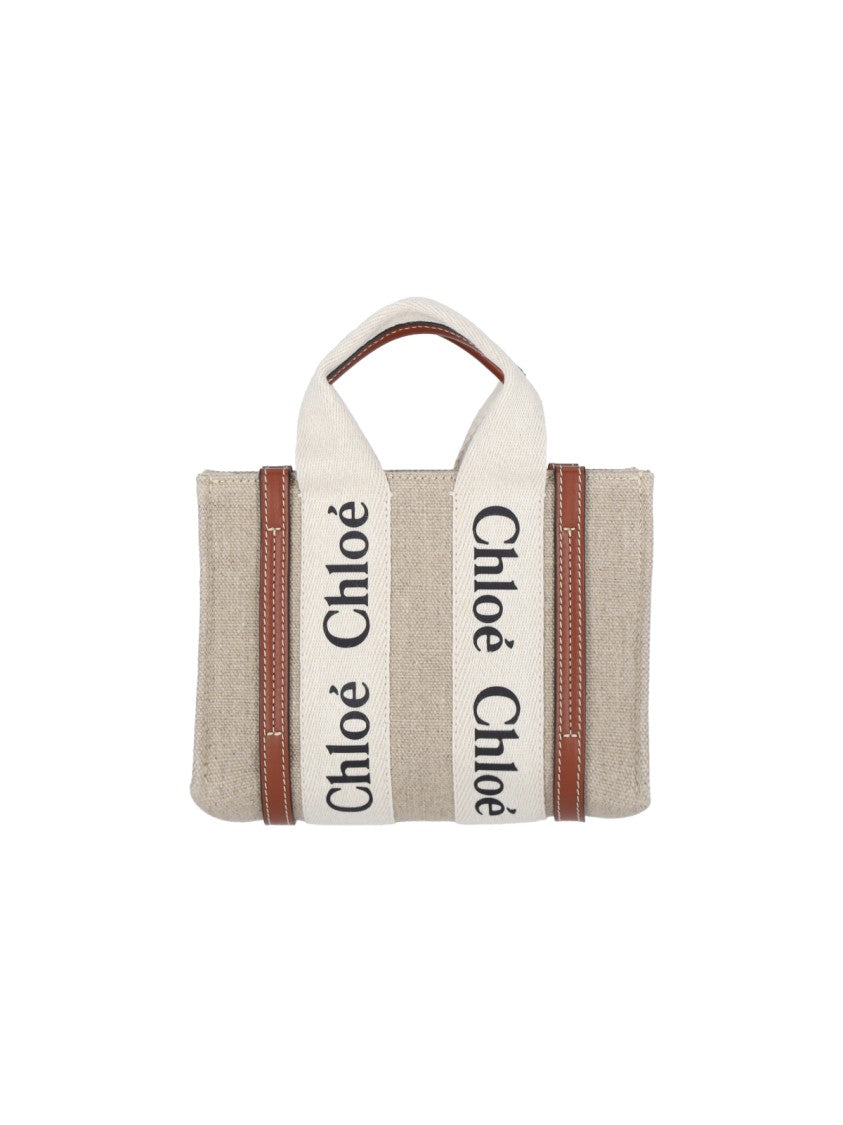 Chloé Beige Woody Mini Linen Tote Bag