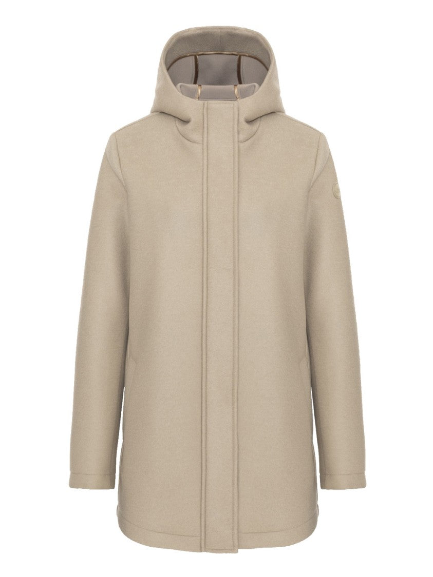 Colmar Originals Hooded Beige Wool Short Coat With Design