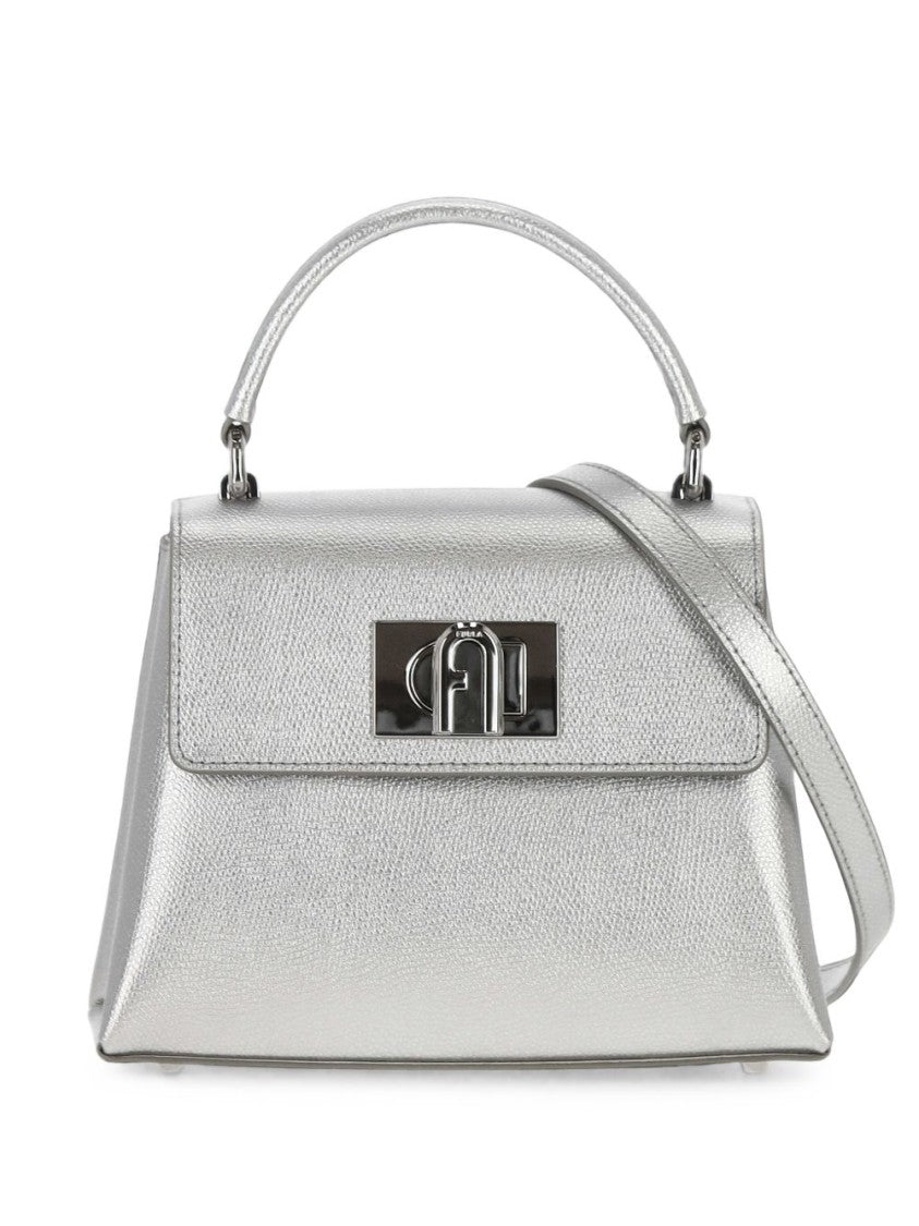 Furla Metallic Silver Leather Structured Trapezoidal Shoulder Bag