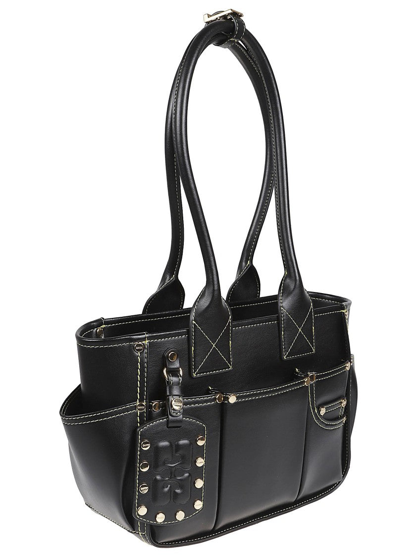 Ganni Structured Black Handbag With Contrasting White Stitching
