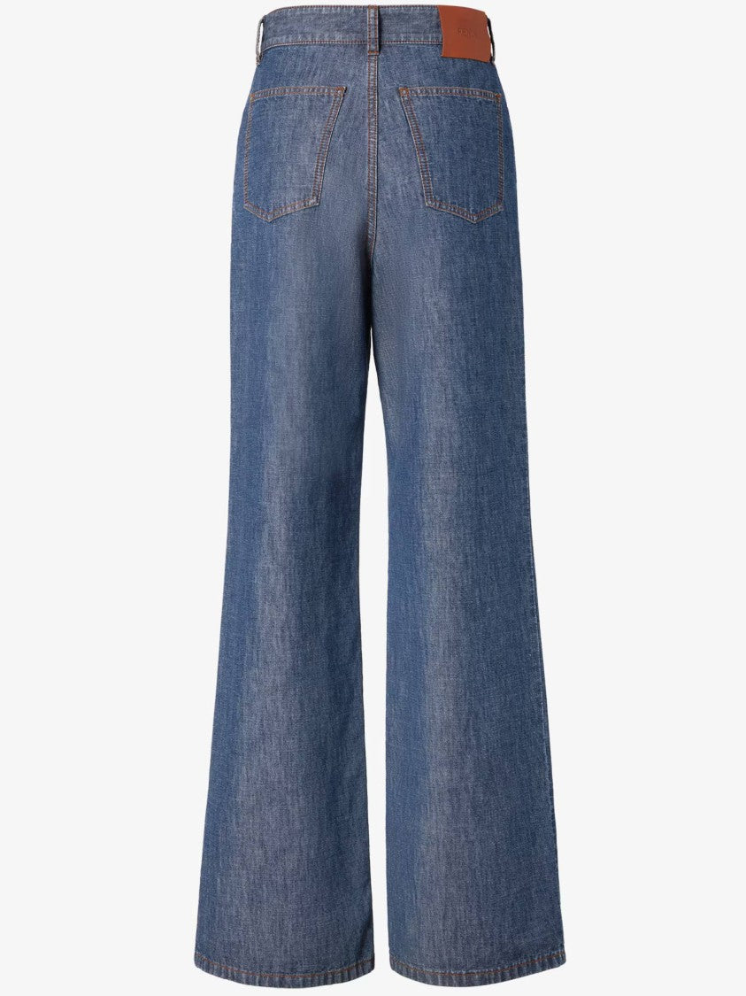 Fendi Wide-Leg Chambray Pants With High Waist And Contrast Stitching