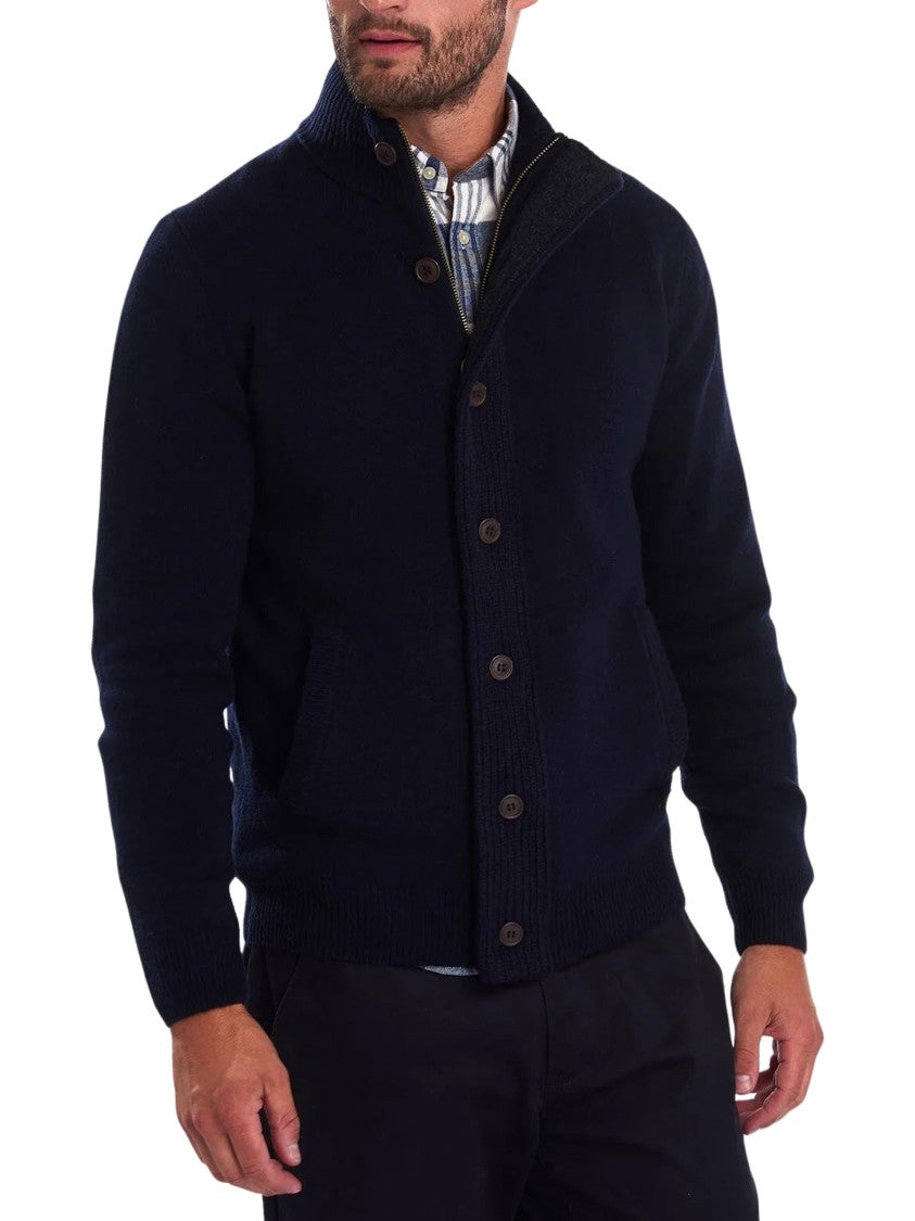 Barbour Navy Knit Button-Up Cardigan With Suede Elbow Patches